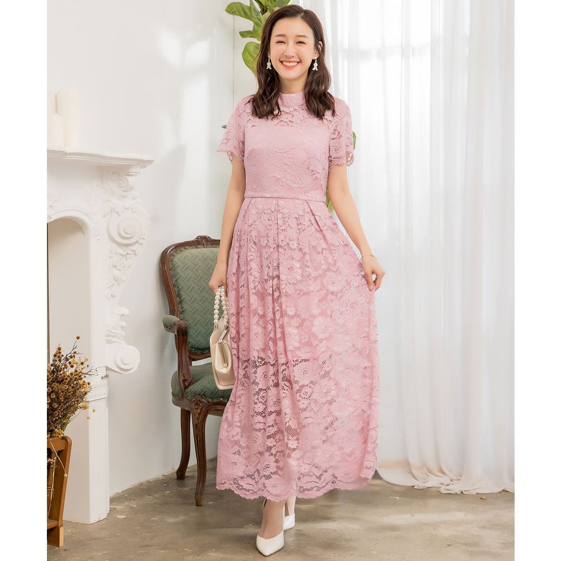 ドレスプラス DRESS+ ロング丈総レース結婚式パーティードレス