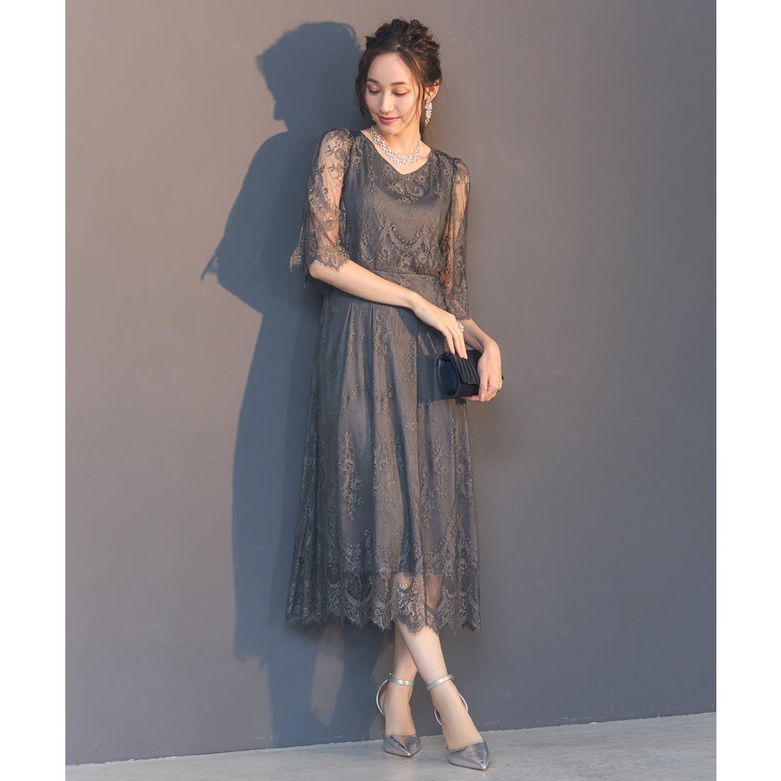 ドレスプラス DRESS+ ワンピース ドレス 総レース Aライン ミモレ丈