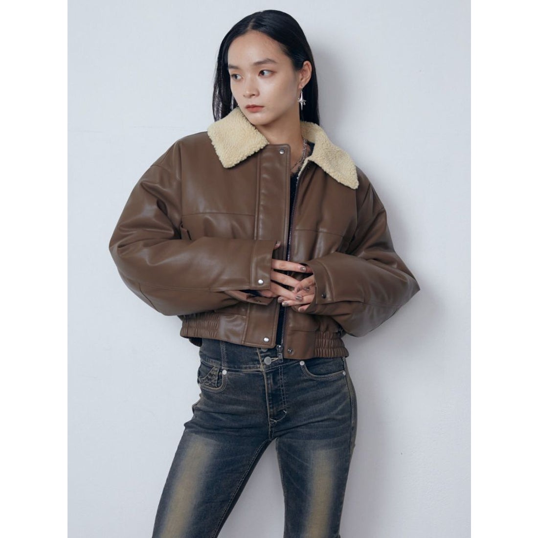 エモダ EMODA フェイクレザーボアブルゾン （ブラック） -ファッション