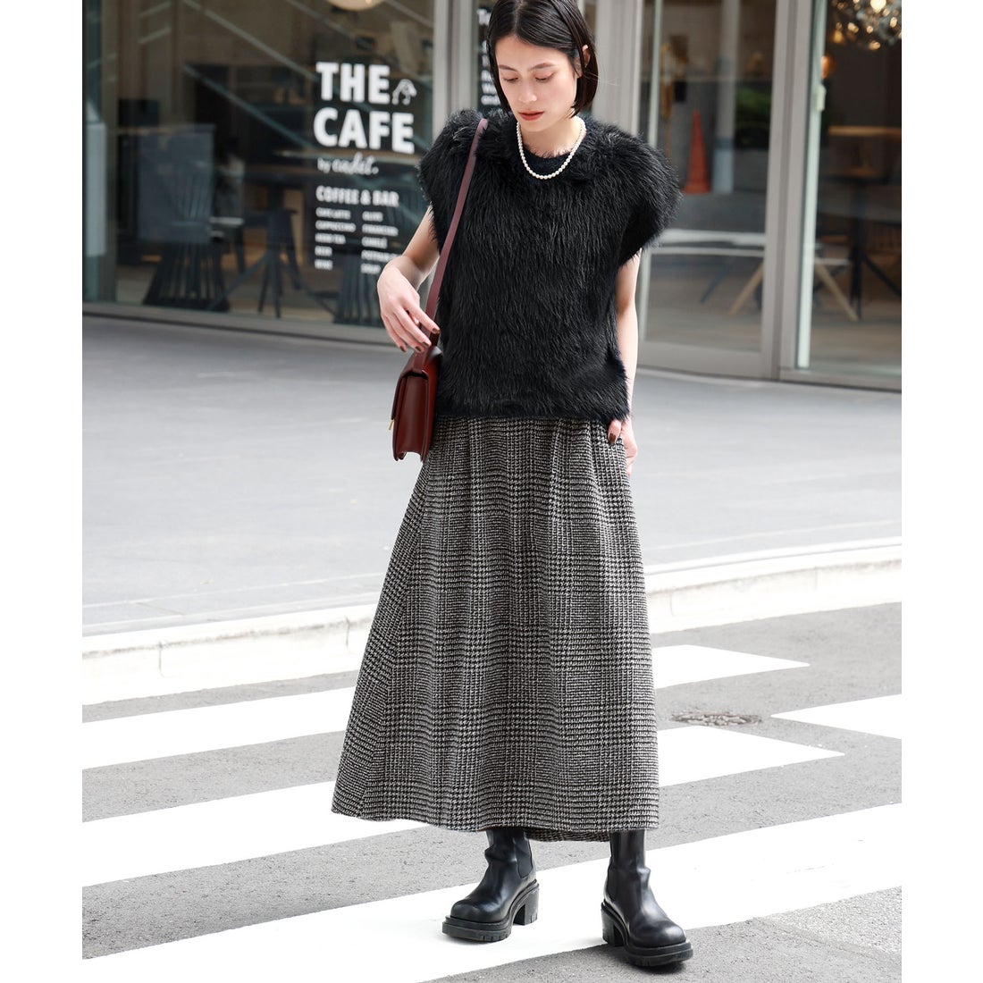 エルフランク ELFRANK グレンチェックフレアロングスカート（グレー