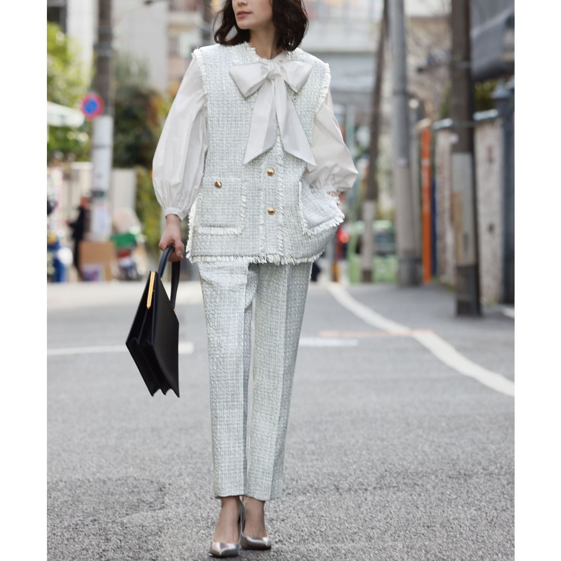 エルフランク ELFRANK ミックスツイードフリンジVネックベスト（ブルー