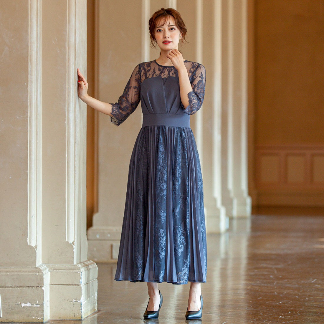 エピック デイ epic day レース＆プリーツロングドレス （ダークカーキ