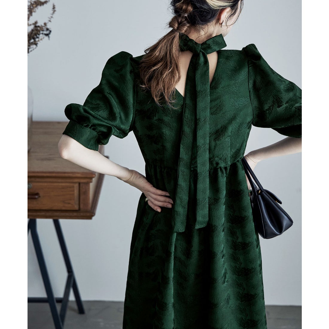 エトル etoll. ジャガードパフスリーブドレス （グリーン） -靴