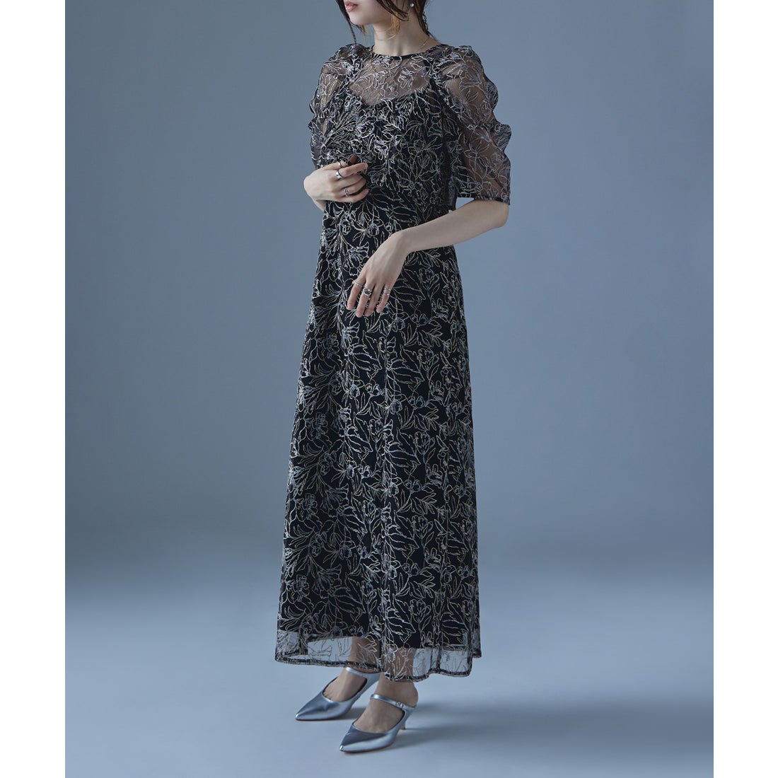 エトル etoll. 刺繍レースレイヤードドレス （ブラック