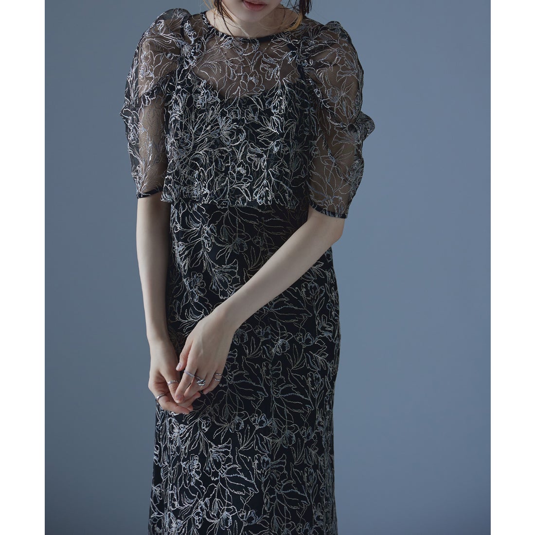 エトル etoll. 刺繍レースレイヤードドレス （ブラック