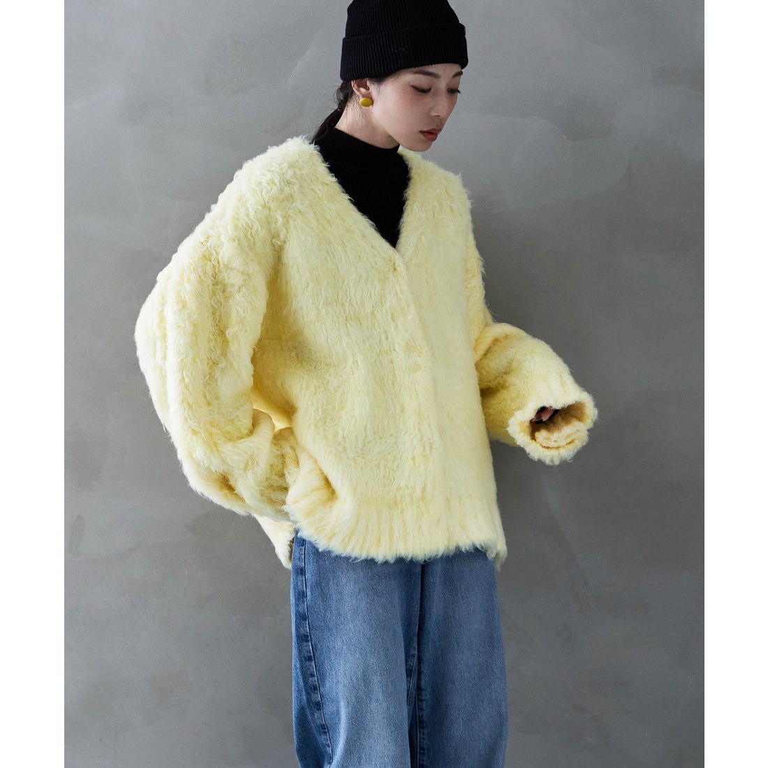 エトル etoll. シャギーニットVネックカーディガン （イエロー