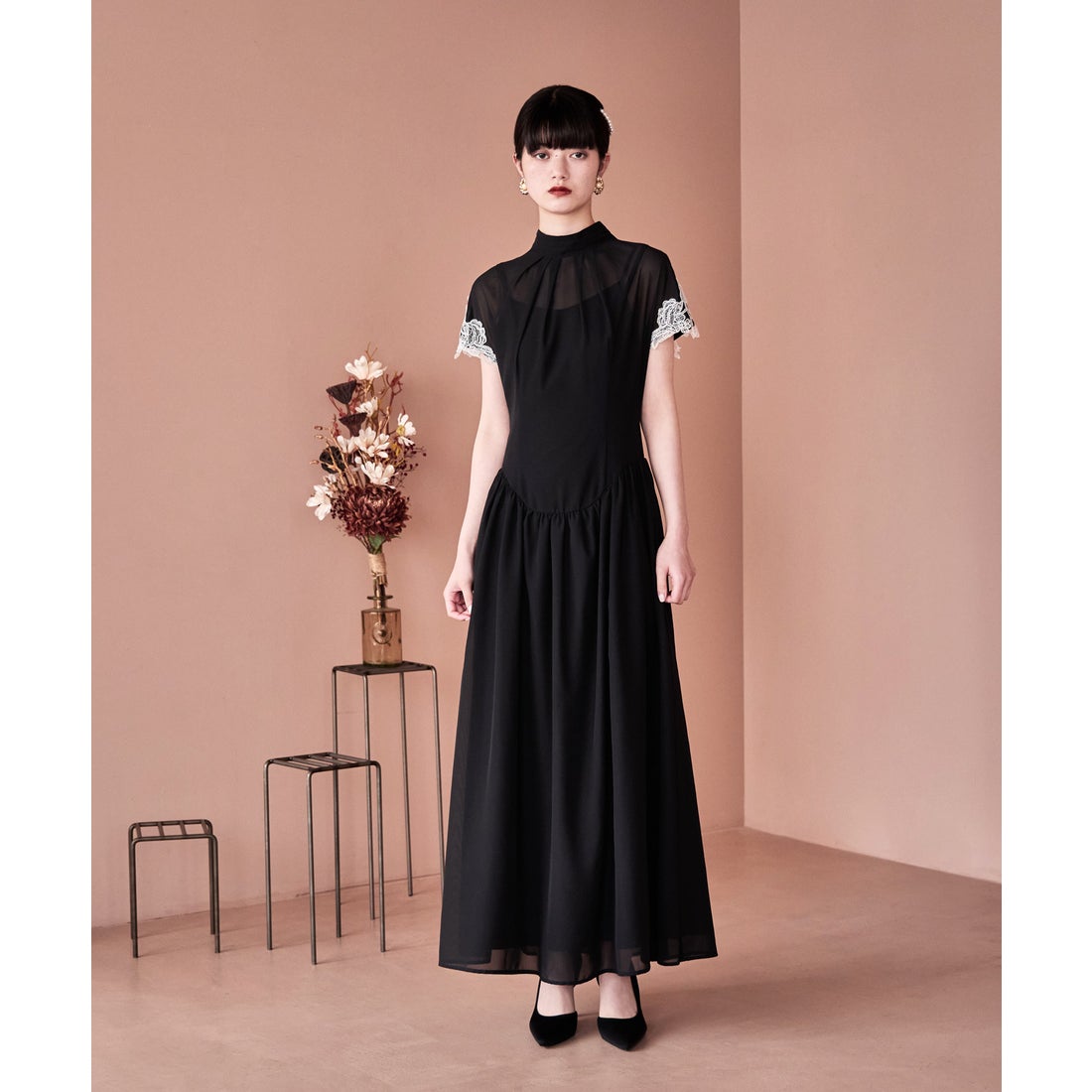 エトル etoll. ドロップウエストスリーブレースドレス （ブラック