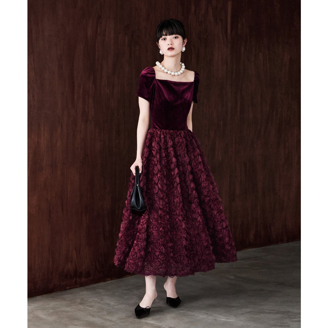 エトル etoll. ベロアロゼットフレアドレス （バーガンディー） -靴