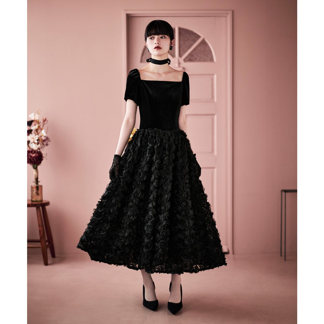 エトル etoll. ベロアロゼットフレアドレス （ブラック