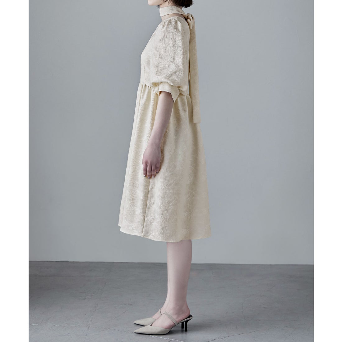 エトル etoll. ジャガードパフスリーブドレス （グリーン） -靴