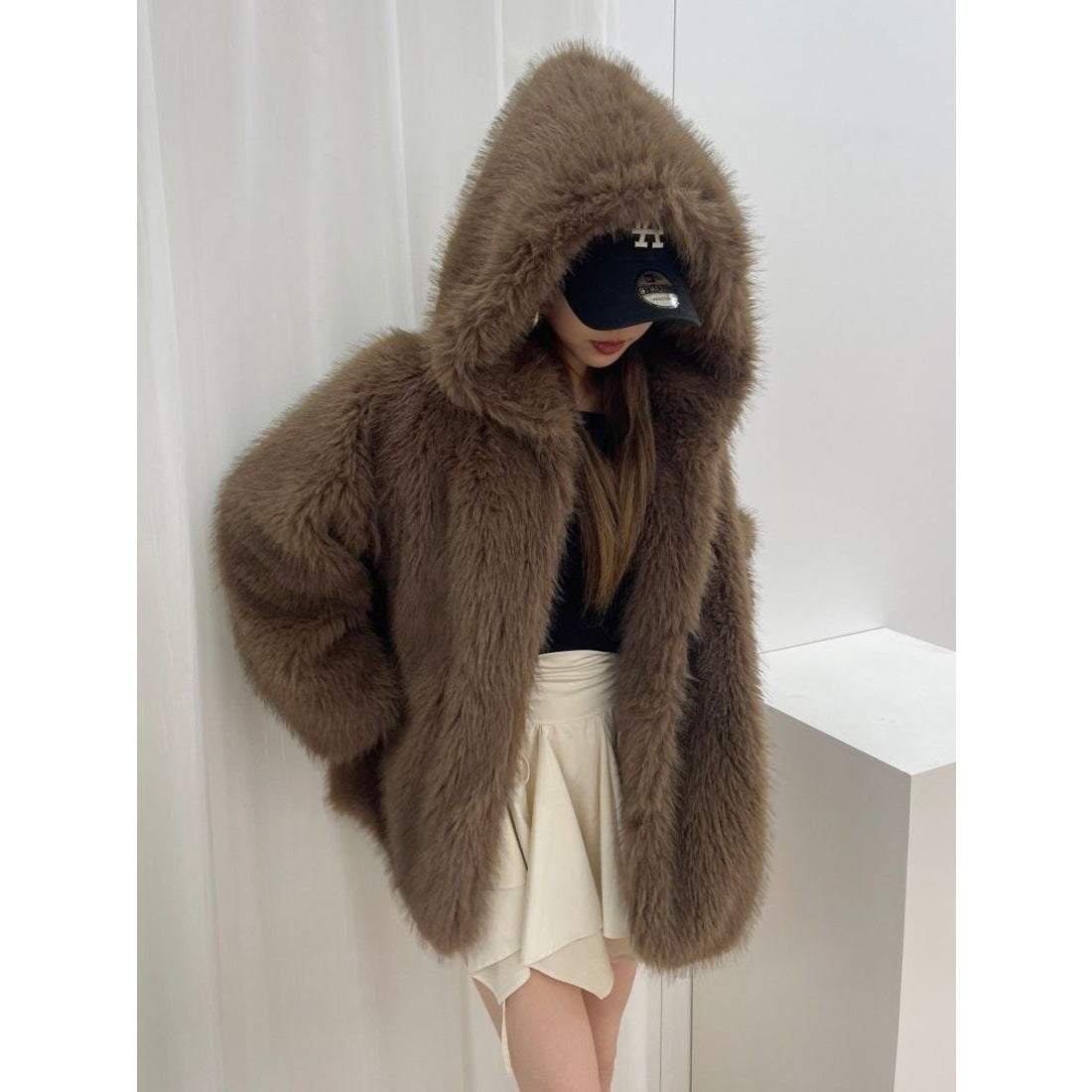 エヴリス EVRIS フェイクファーフーディコート （ブラウン） -靴