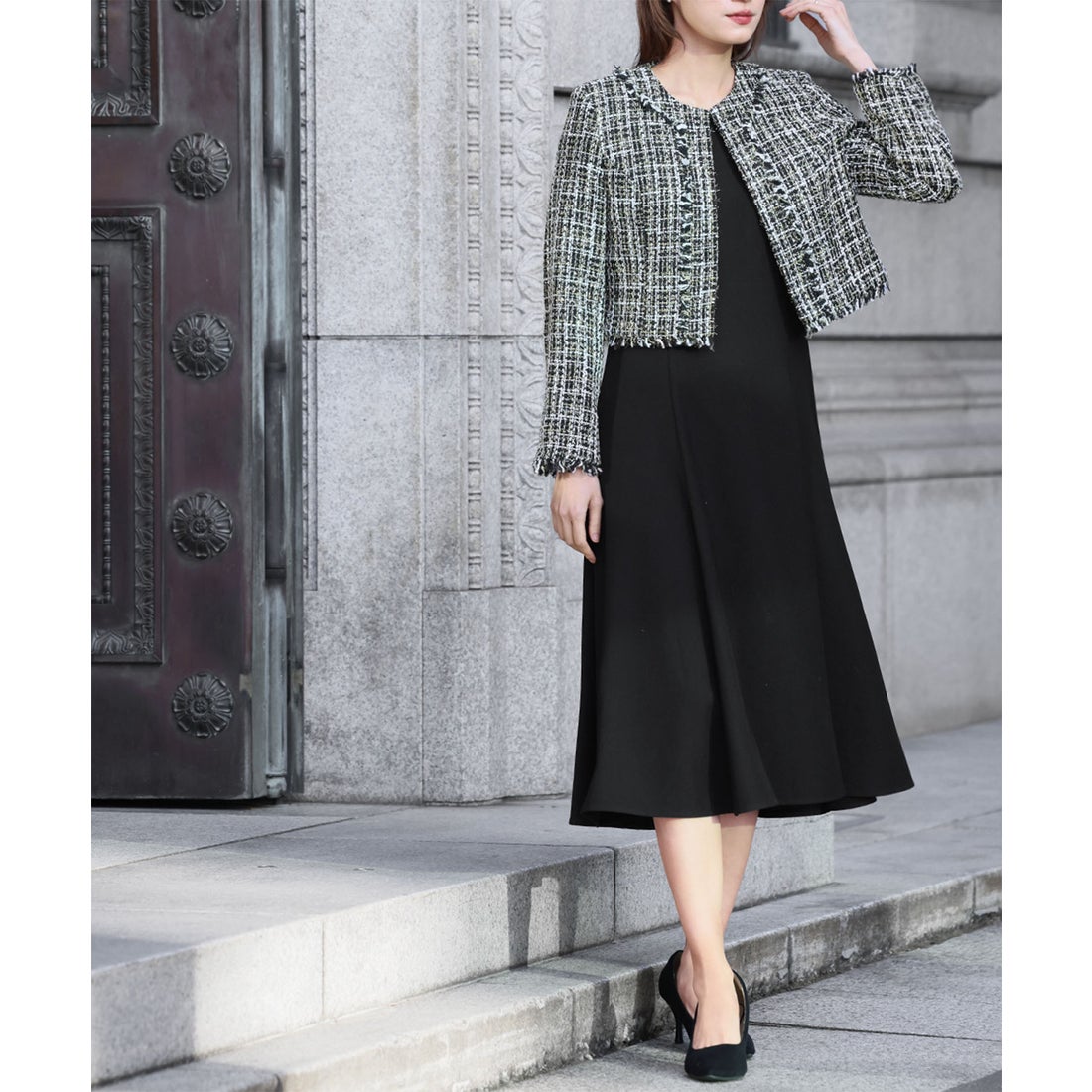 フロリア Flolia ツイードノーカラージャケット フレアワンピース