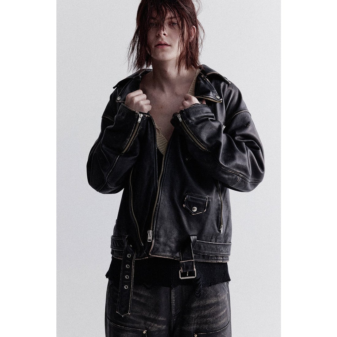 KAMIYA Distressed Leather Biker Jacket （BLACK） - Osaka / Kyoto