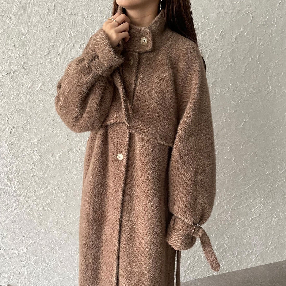 ジュノア JUNOAH シャギーハイネックロングコート （ブラウン