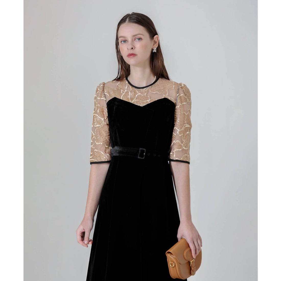 レジャ Leja ビスチェ風ウエストベルト付き花柄レースキラキラ刺繍