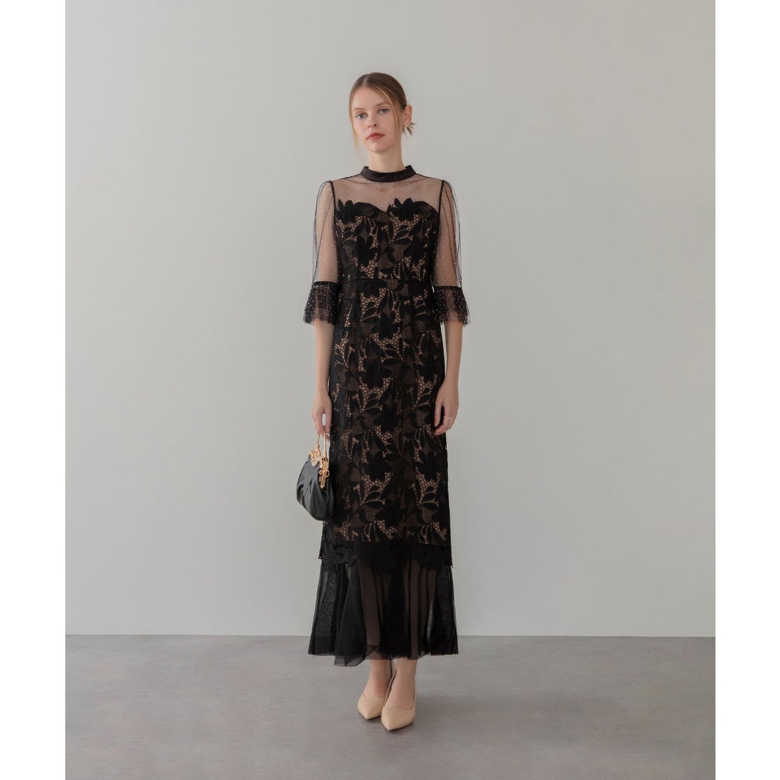 レジャ Leja フラワーレースドットストーンチュールIラインワンピース