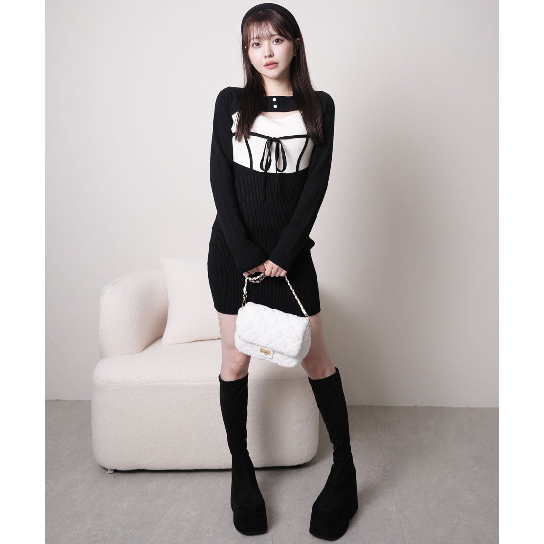 リップサービス LIP SERVICE デコルテオープンバイカラーリボンニット