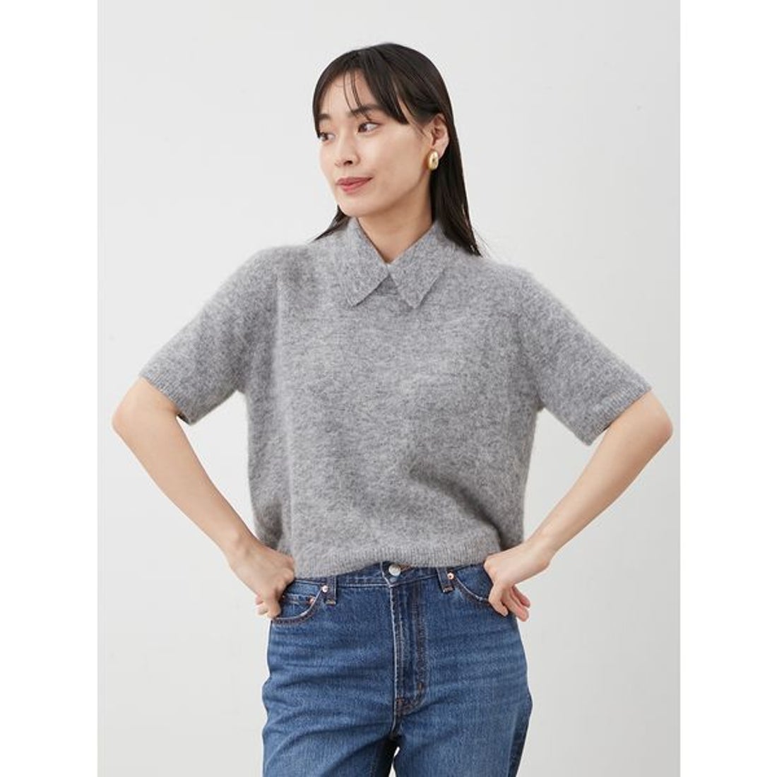 ミラ オーウェン Mila Owen ポロ衿クロップド丈モヘアニットトップス