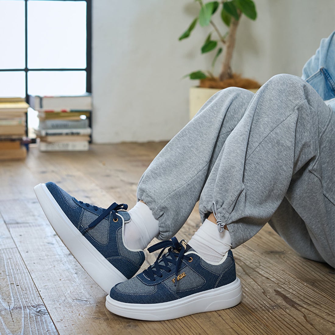 モズ moz スタイルUPデニムスニーカー （ネイビー） -waja bazar