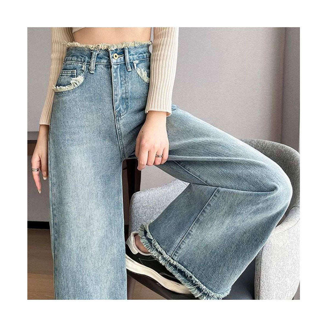 メゾンドラティール maison de LATIR 裾フリンジワイドデニムパンツ