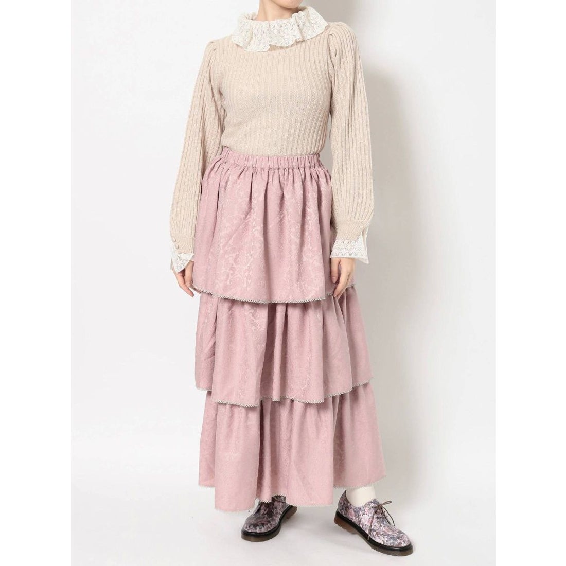 merry jenny ジャガードティアードスカート（ピンク） -ファッション