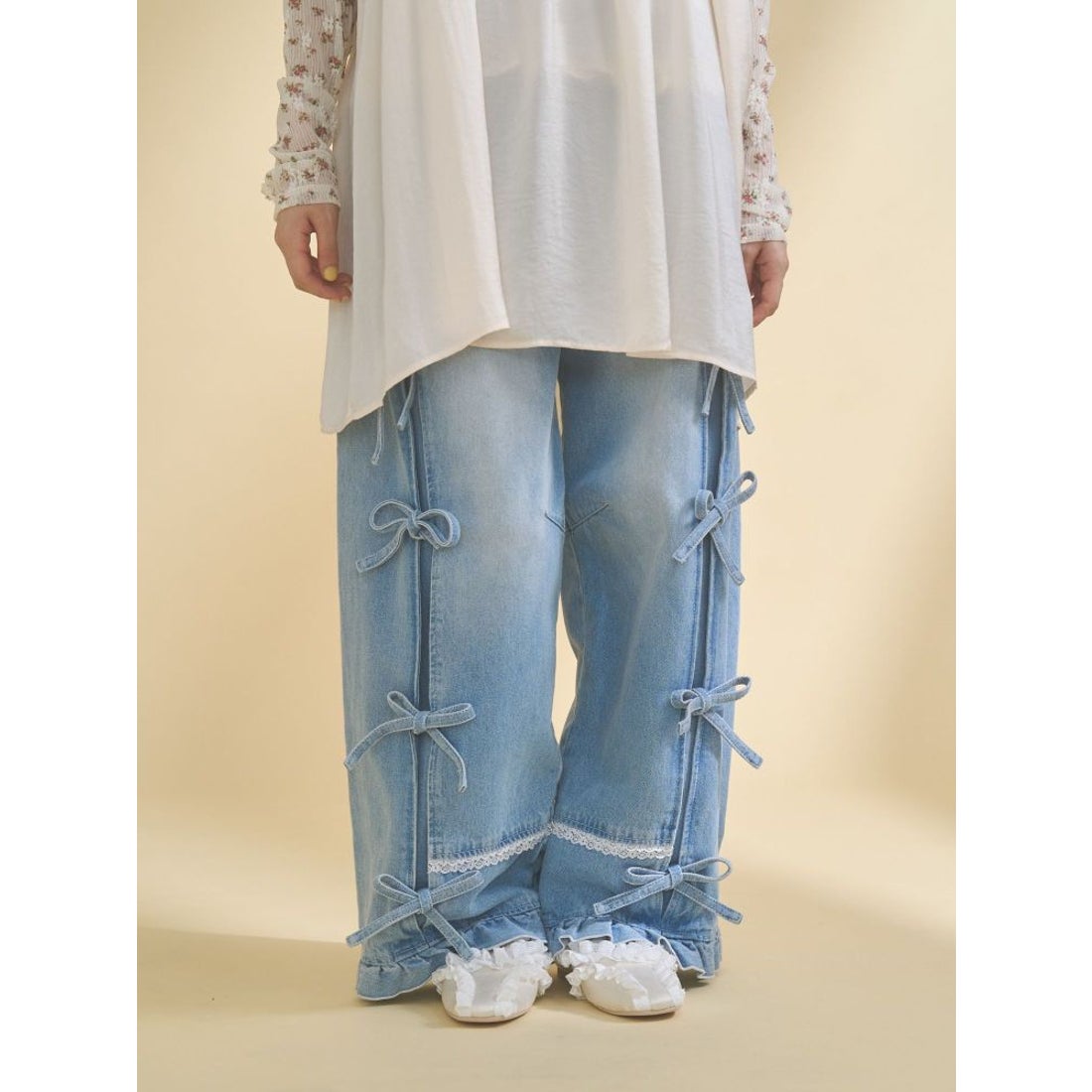 メリージェニー merry jenny バレルレッグリボンデニムパンツ （ブルー