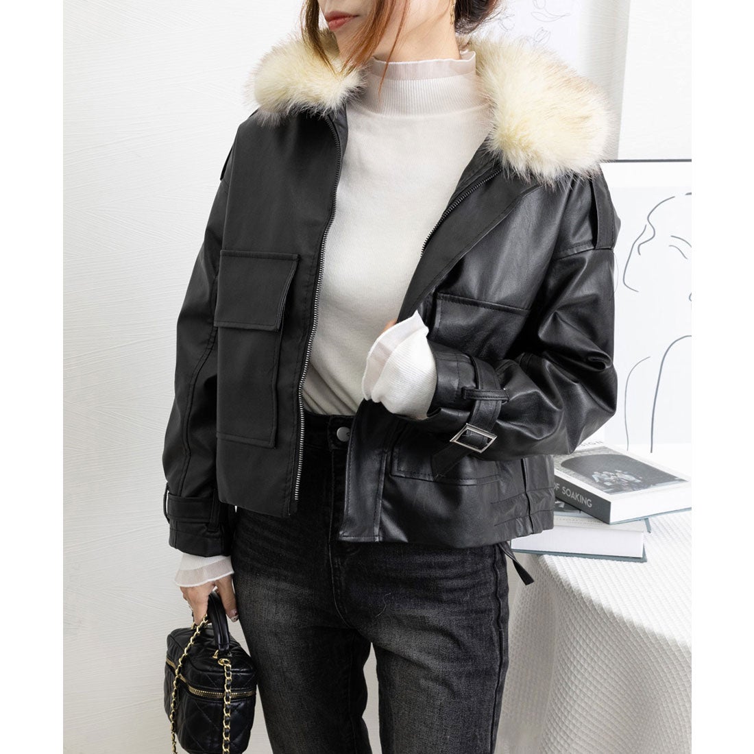 miniministore ファーライダースジャケットフェイクレザー -靴