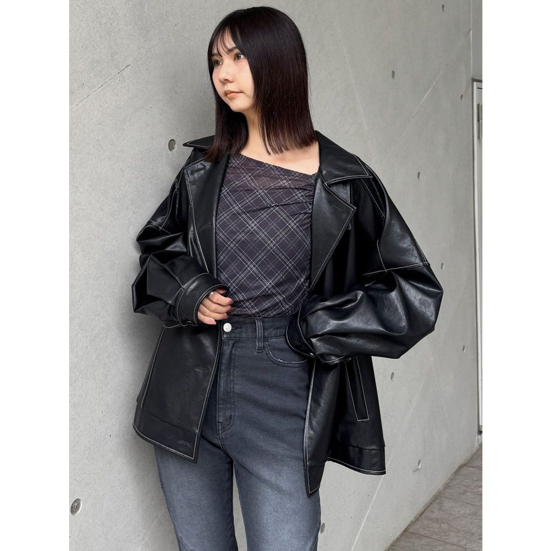 ムルーア MURUA スタンドネックフェイクレザージャケット （ブラック