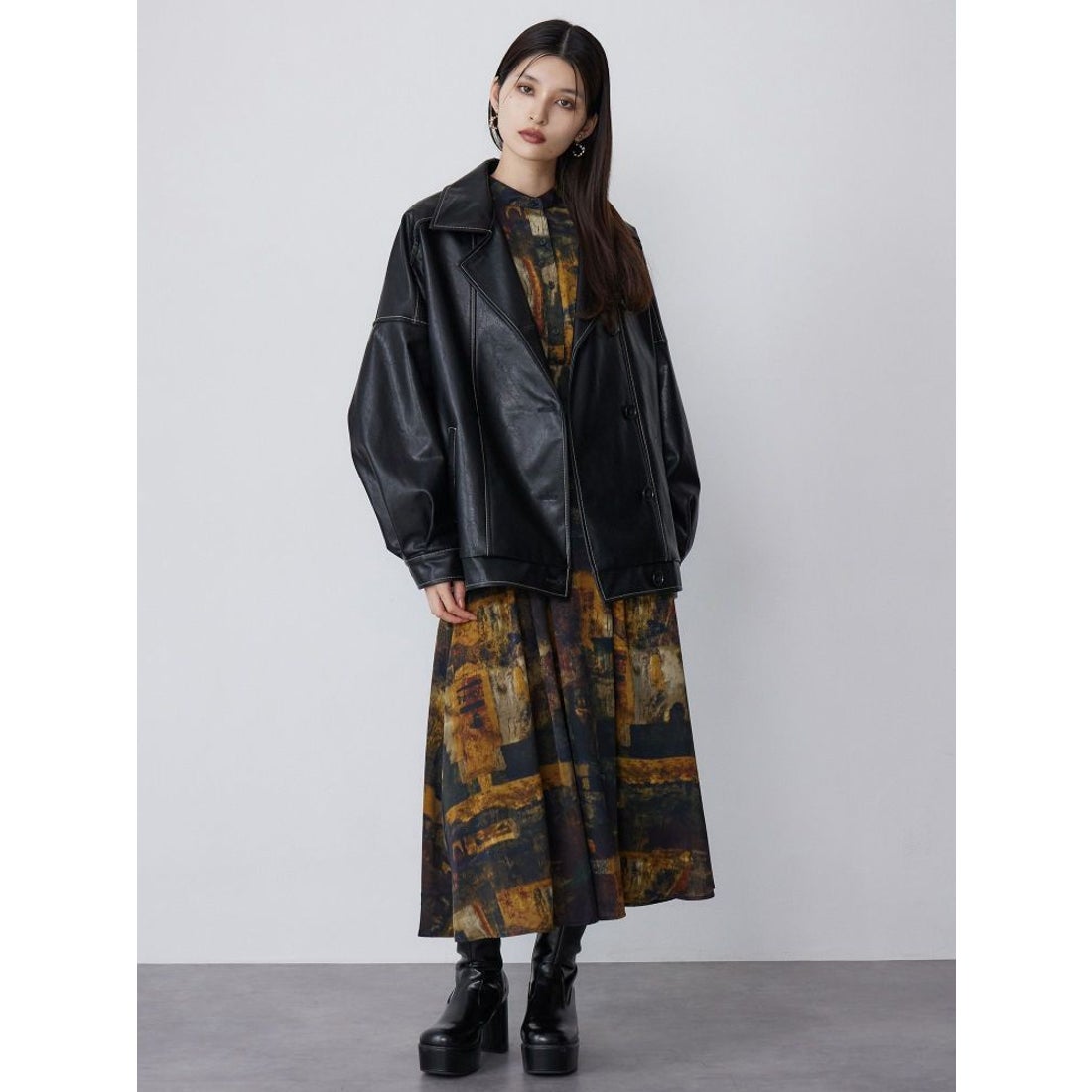 ムルーア MURUA スタンドネックフェイクレザージャケット （ブラック