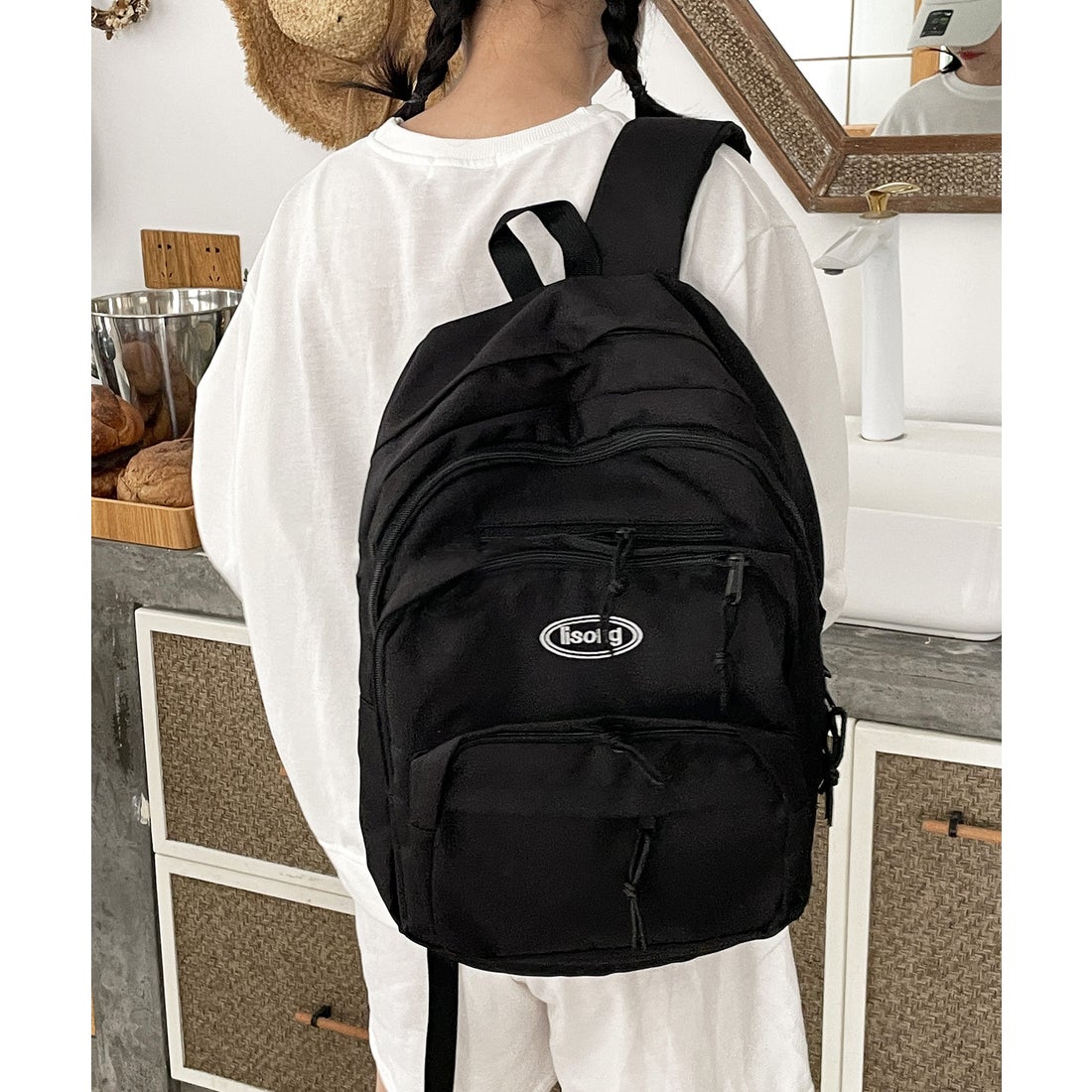 ショップニコニコ ShopNikoNiko 大容量 ロゴ刺繍 黒リュックサック