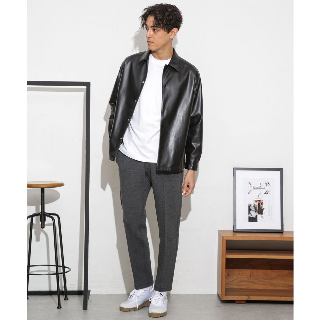 ナノ・ユニバース NANO universe フェイクレザーシャツジャケット