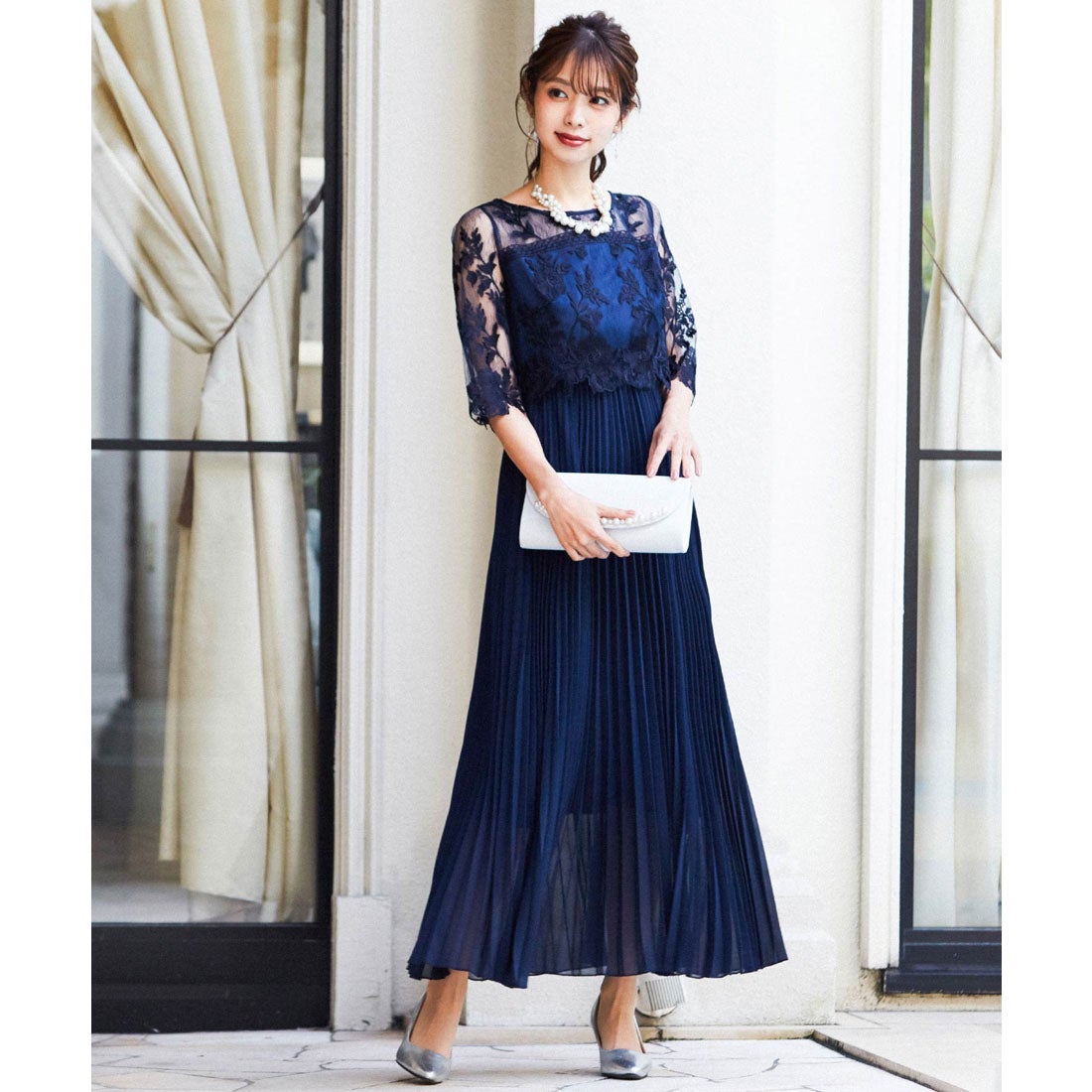 ニアナ niana 刺繍レース切り替えプリーツロング 結婚式ワンピース