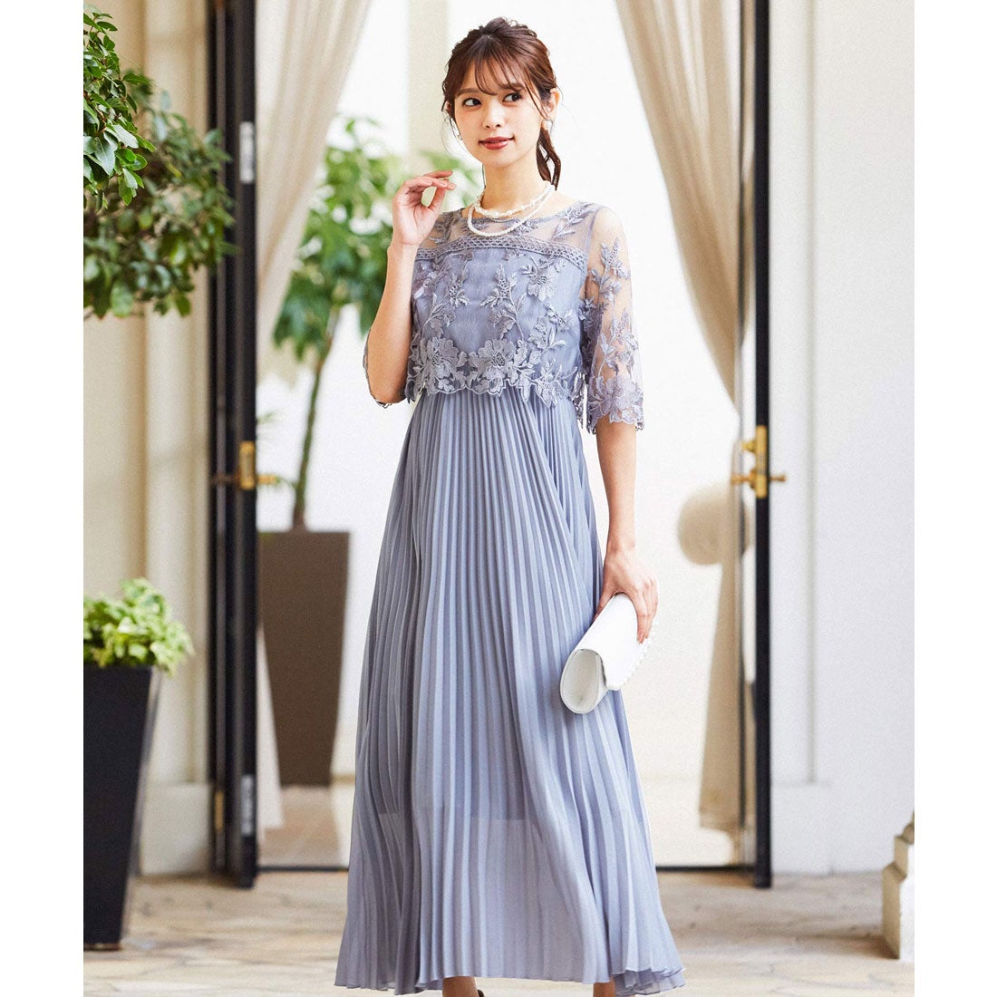 ニアナ niana 刺繍レース切り替えプリーツロング 結婚式ワンピース