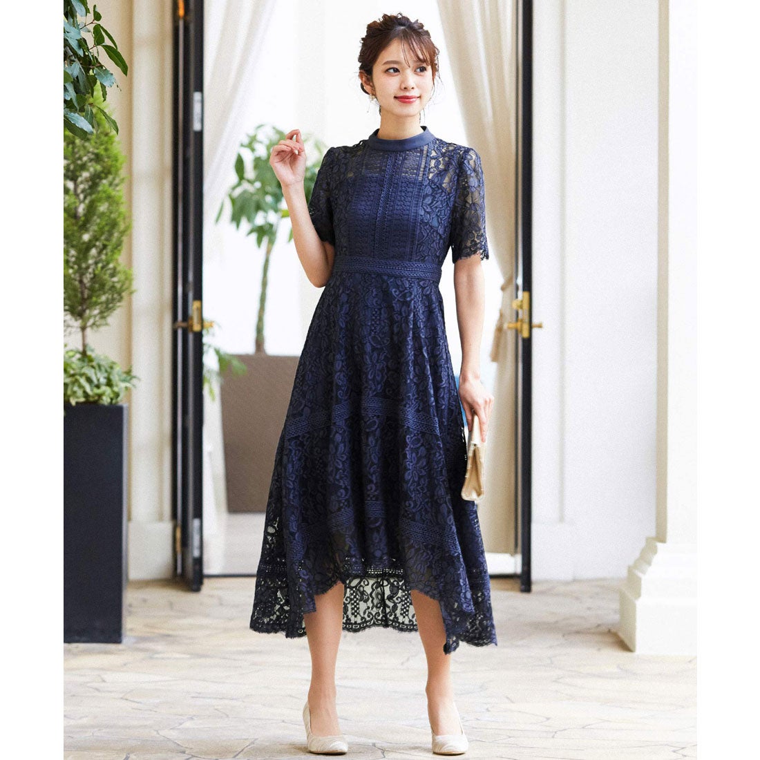 ニアナ niana ケミカルレース×ハシゴレース切り替え 結婚式ワンピース