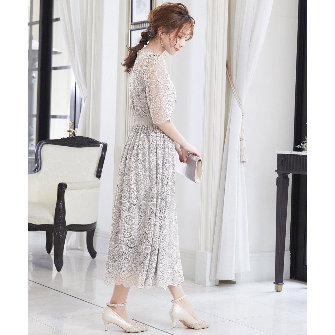 ニアナ niana ペチワンピ付き ハイネック シアーレースロング 結婚式