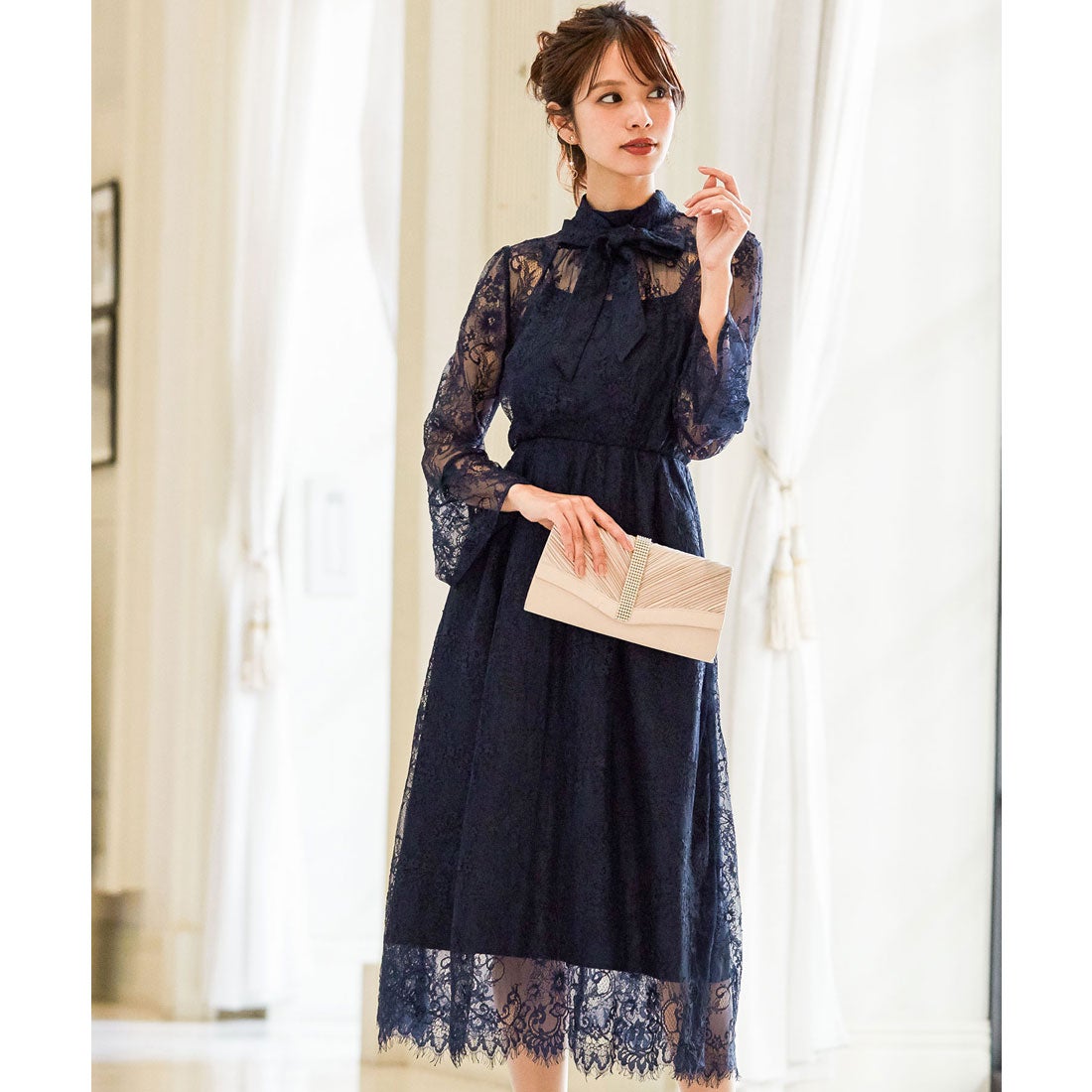 ニアナ niana 襟ボウタイレース 結婚式ワンピース パーティードレス