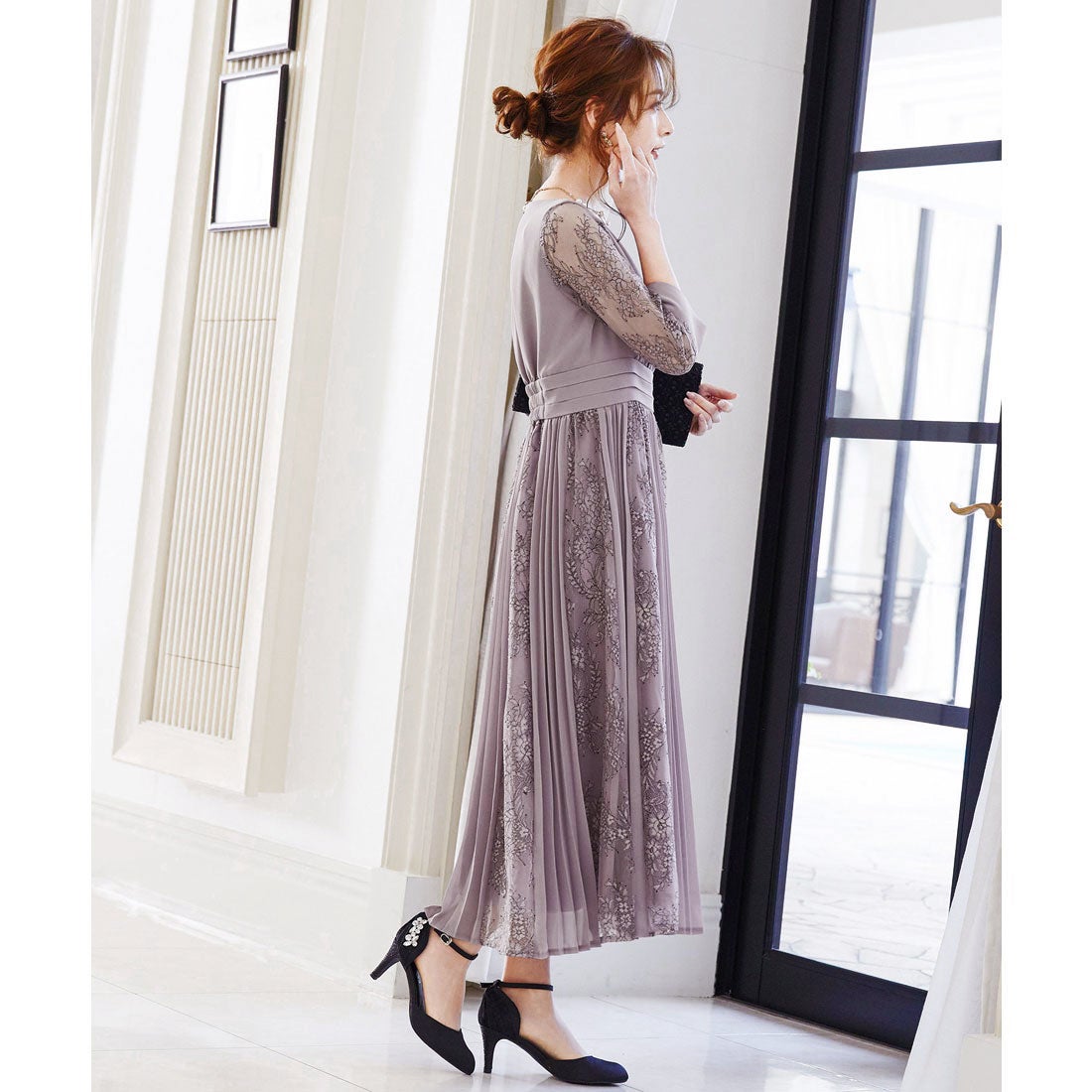 ニアナ niana プリーツ×レース 7分袖ドレス 結婚式ワンピース