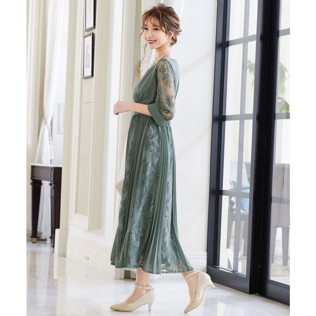 ニアナ niana プリーツ×レース 7分袖ドレス 結婚式ワンピース