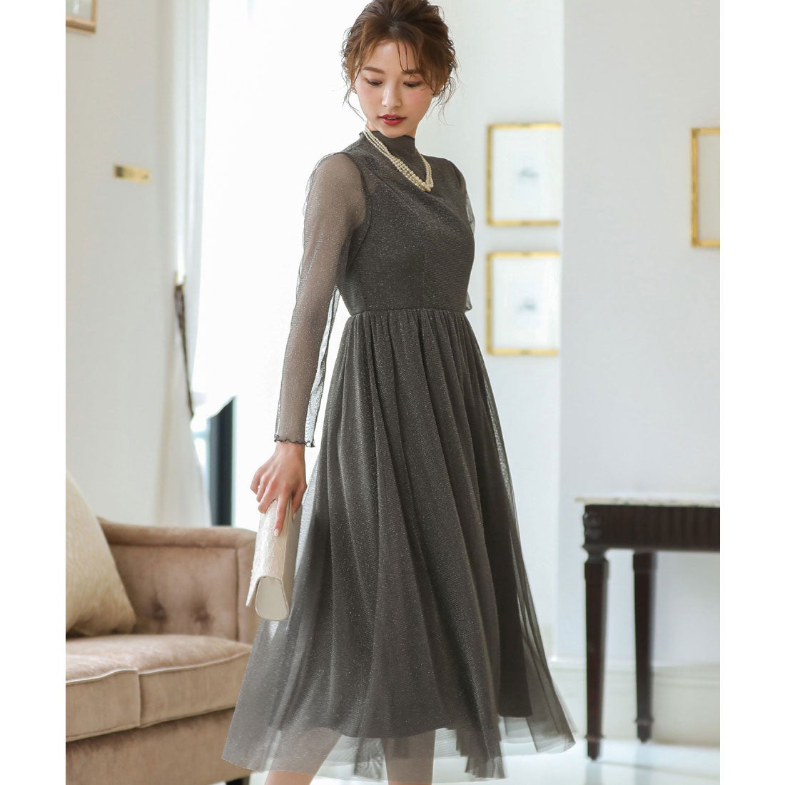 ニアナ niana ラメチュールメロウワンピースドレス （チャコール