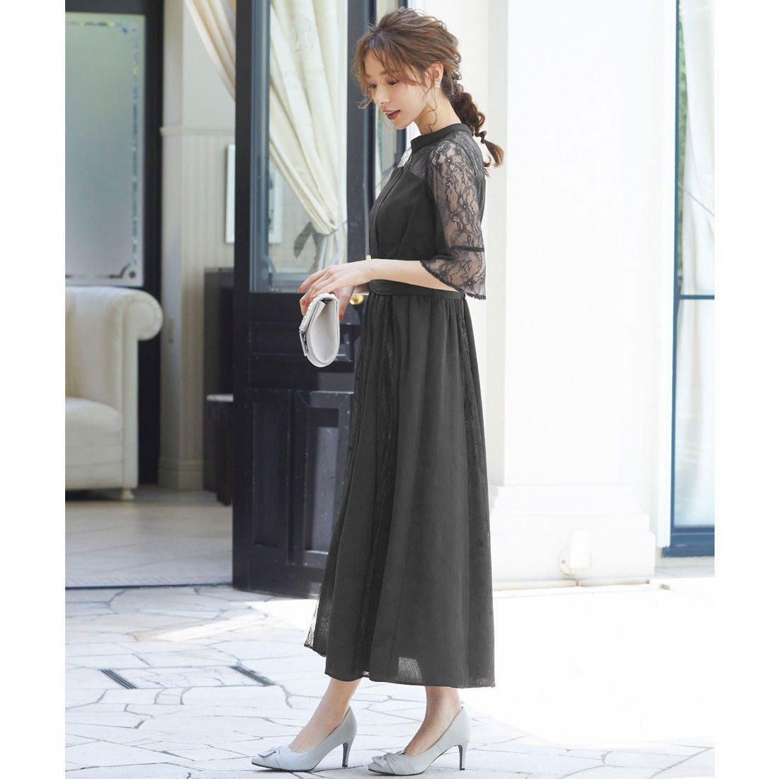 ニアナ niana ビスチェ風ハイネックレース結婚式ワンピース （ブラック