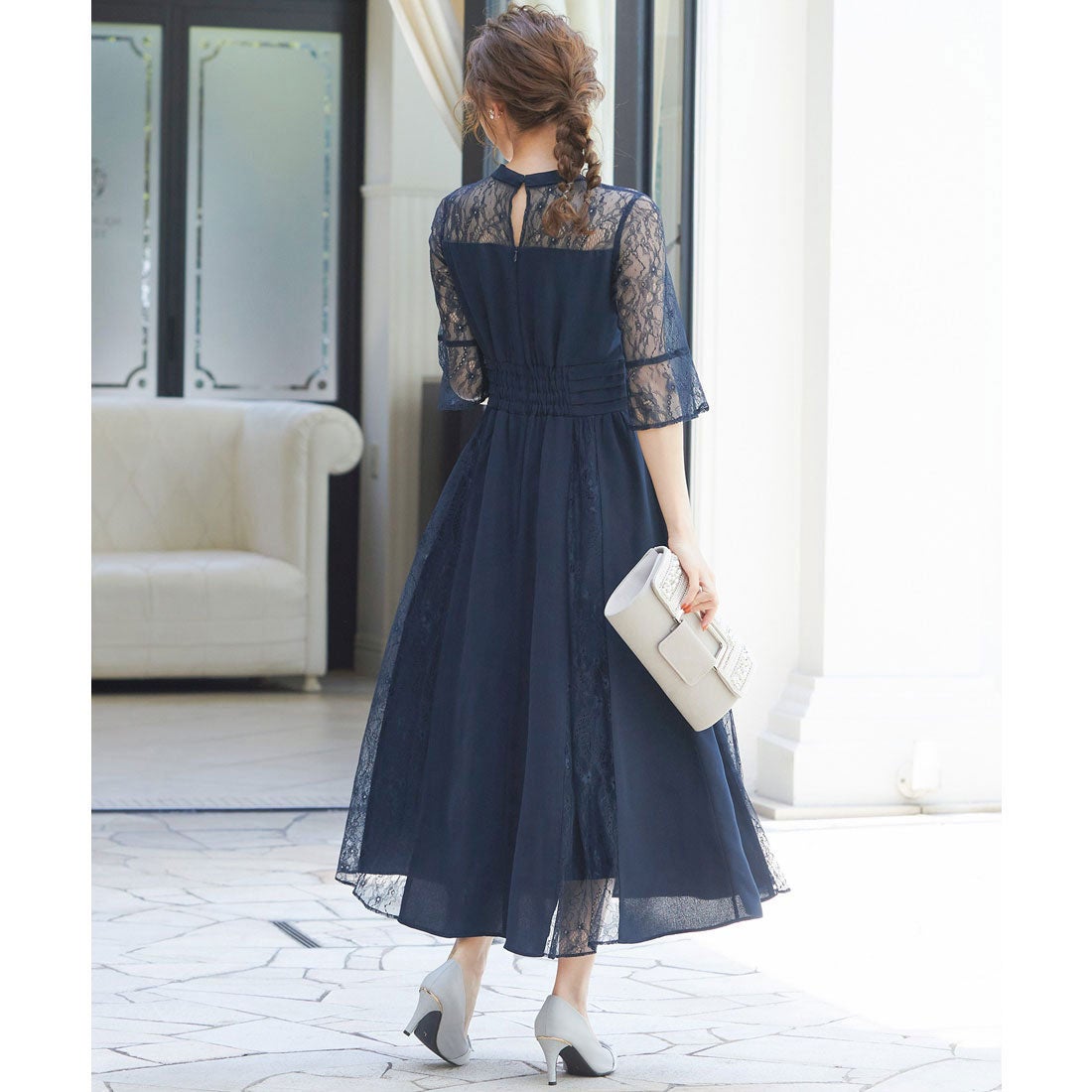 ニアナ niana ビスチェ風ハイネックレース結婚式ワンピース （ネイビー