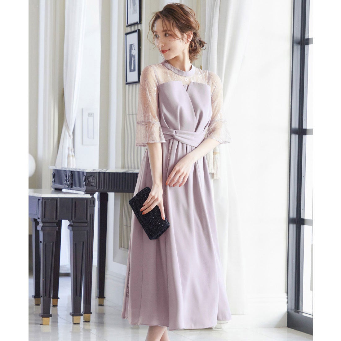 ニアナ niana ビスチェ風ハイネックレース結婚式ワンピース （ピンク