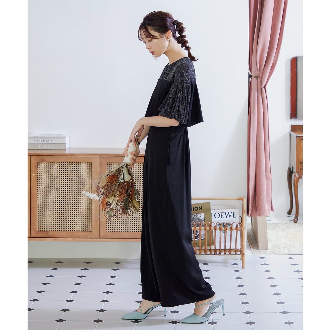 ニアナ niana ラメチュールオールインワンパンツドレス （ブラック