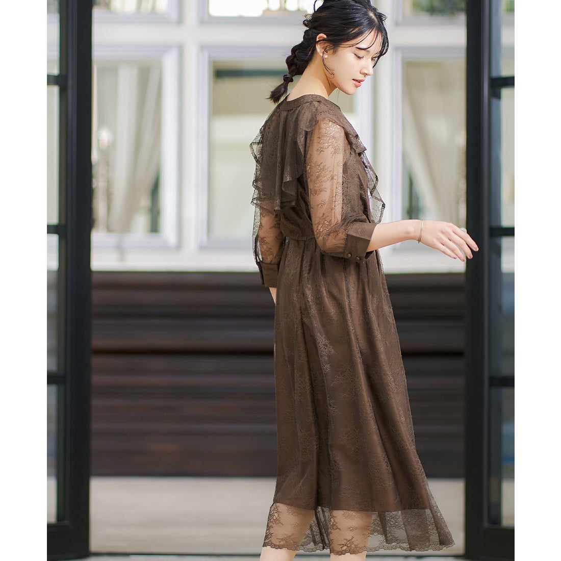 ニアナ niana 2way襟付き総レースパーティードレス （ブラウン） -靴