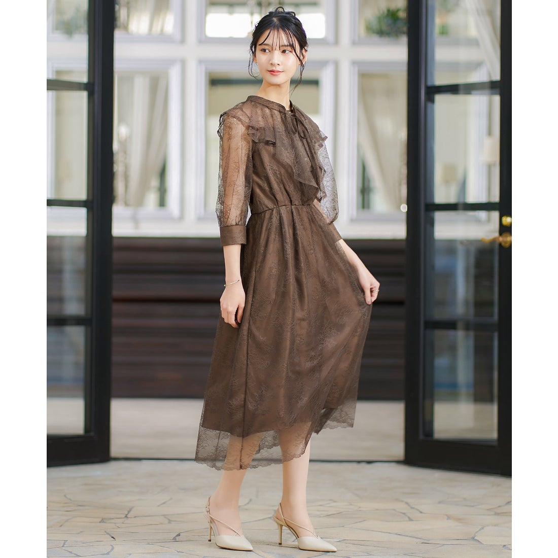 ニアナ niana 2way襟付き総レースパーティードレス （ブラウン