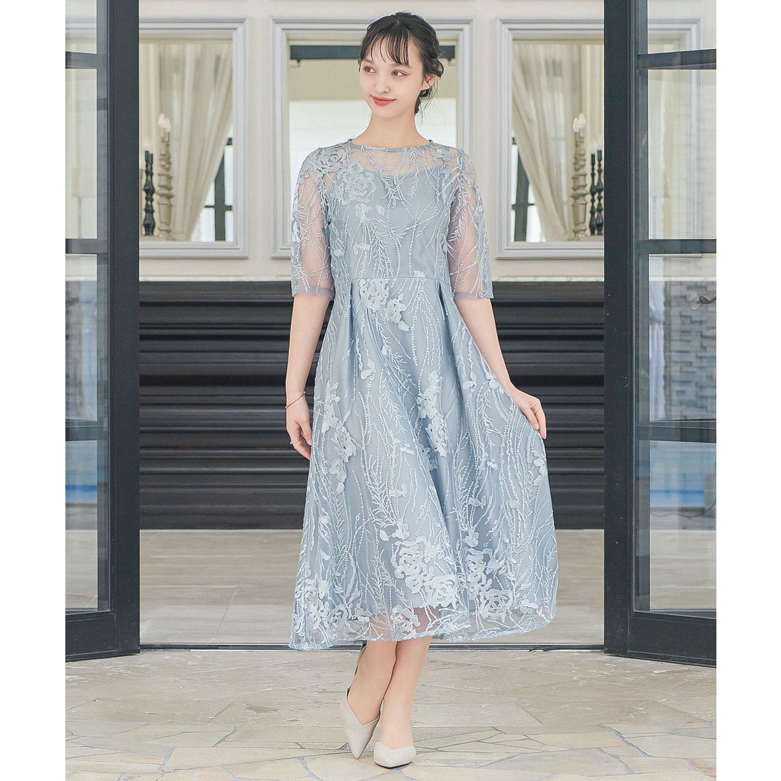 ニアナ niana 総レース バックリボン パーティードレス （ブルーグレー