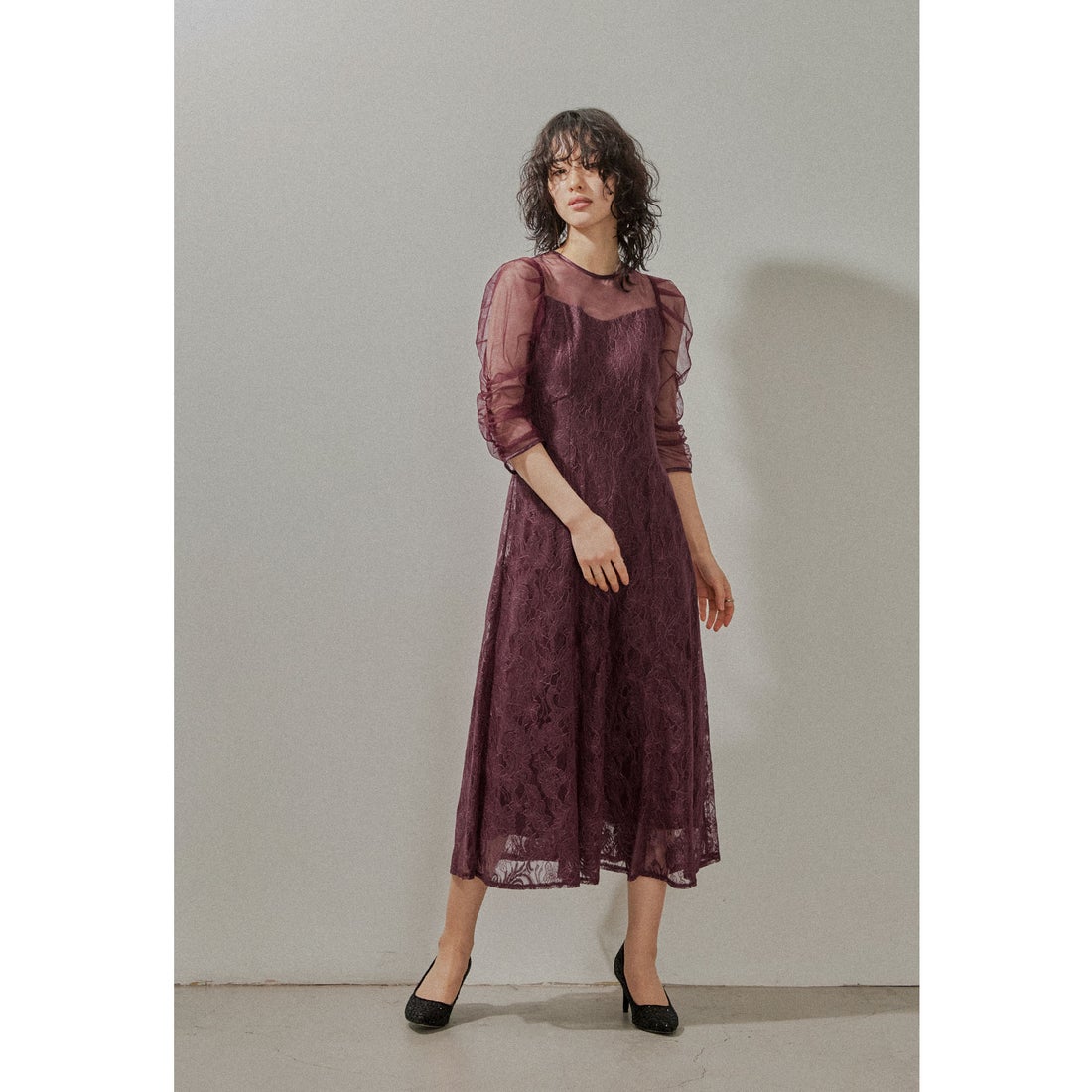 ニアナ niana ボリューム袖レースフレアドレス 結婚式 パーティー