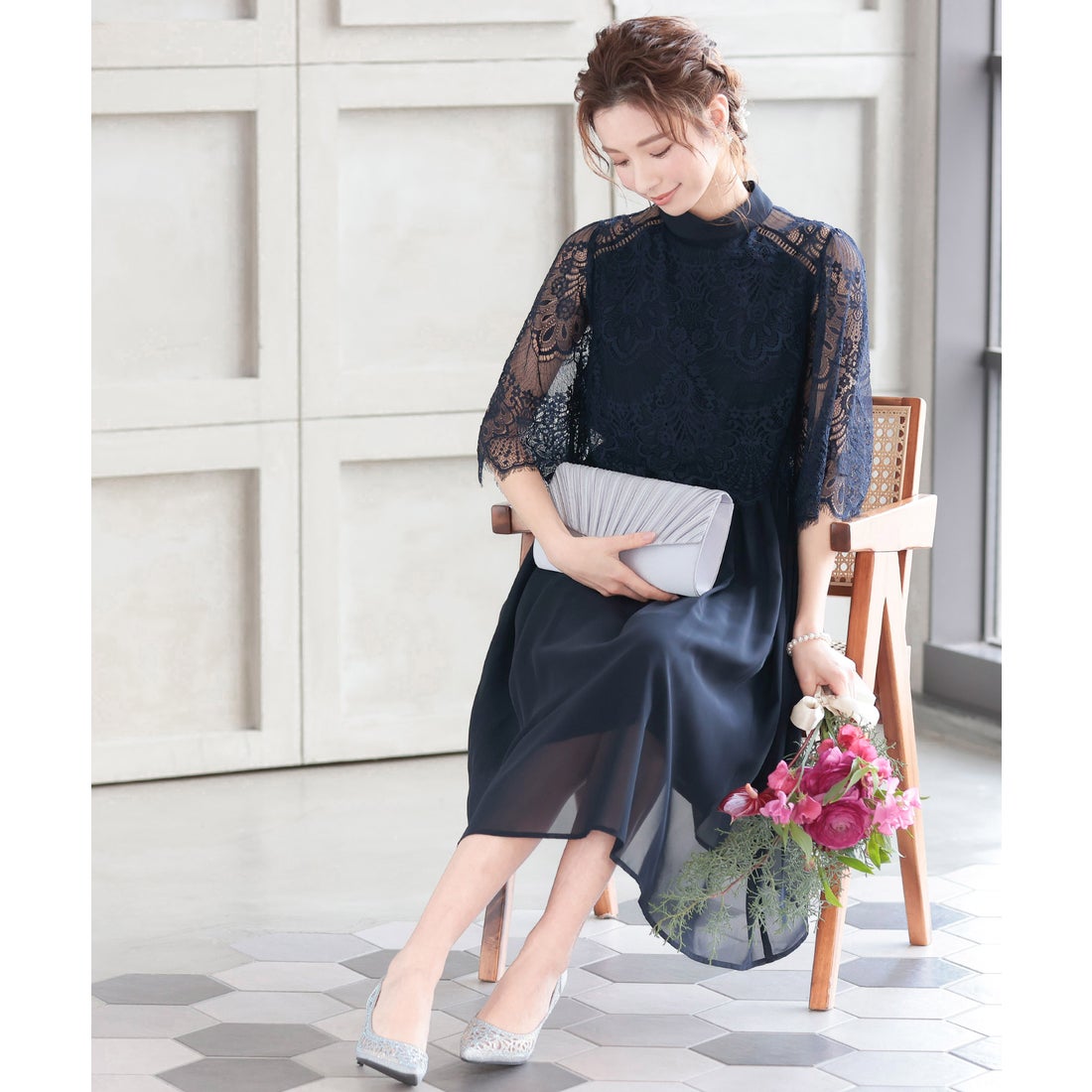 ニアナ niana スタンドカラーレースフレアドレス 結婚式ワンピース