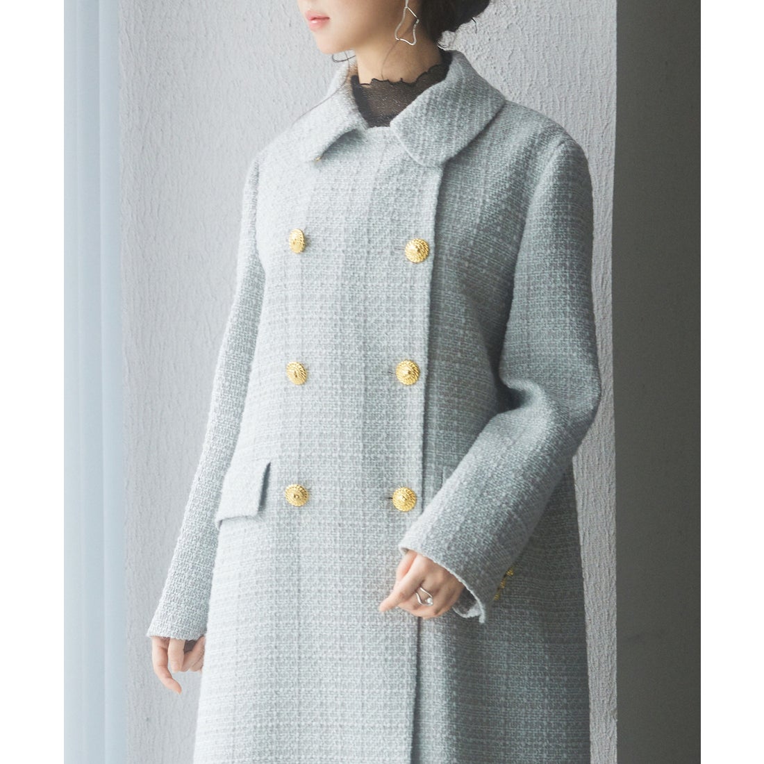 セゾンドパピヨン SAISON DE PAPILLON ゴールドボタンロング丈ツイード