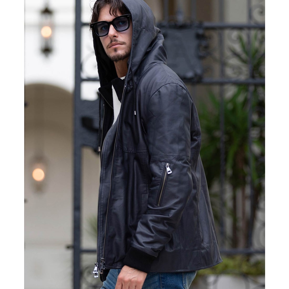 AKM Contemporary レイヤードシープレザー中綿フードジャケット